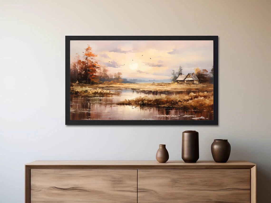 Autumn Cottage Beside a Still Pond at Golden Sunset Countryside Poster - Image 2