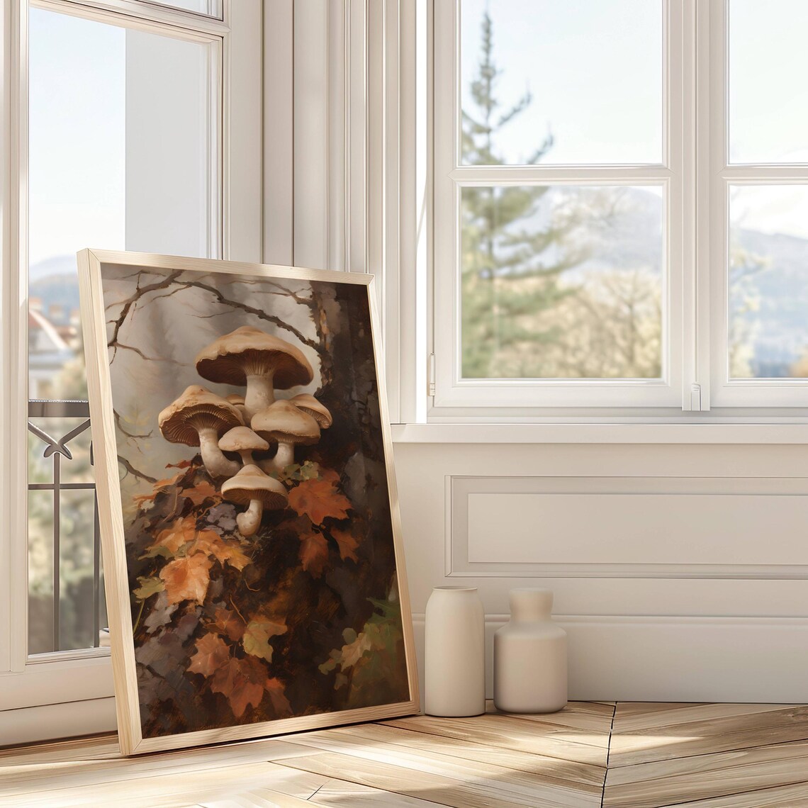 Cluster of Cream Mushrooms Growing on a Mossy Forest Log Wall Art - Image 2