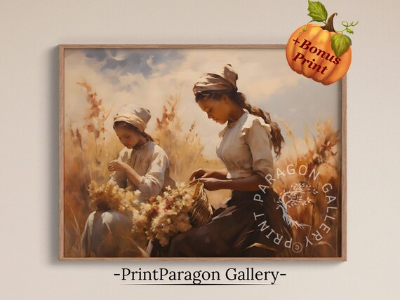 Two Harvest Maidens Gathering Wheat in a Golden Field Wall Art