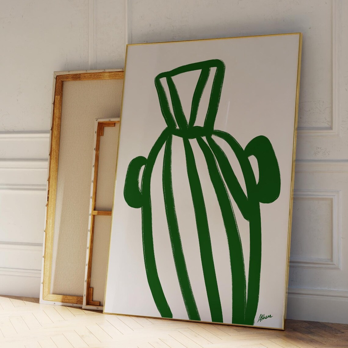 Modern Abstract Green Vase Line Art Dark Botanical Wall Poster