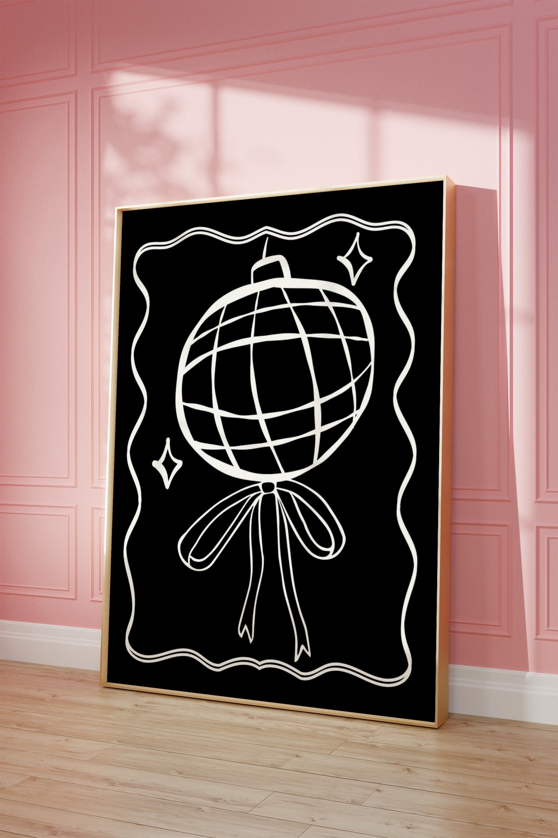 White Line Art Disco Ball With Bow On Black Wavy Frame Poster - Image 4