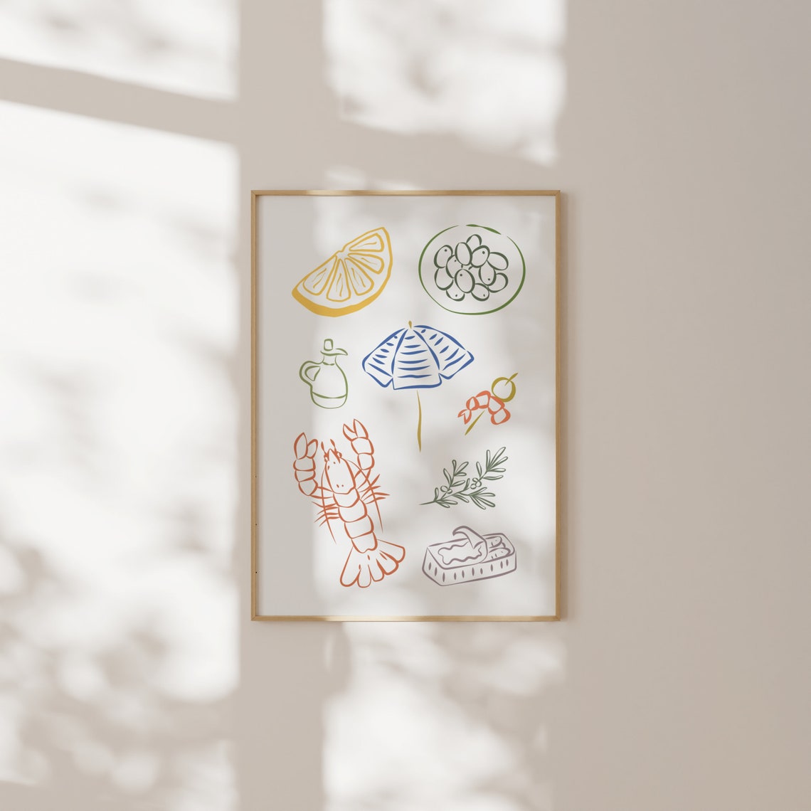 Mediterranean Food Fine Line Art Lemon Lobster Olive Kitchen Poster - Image 3