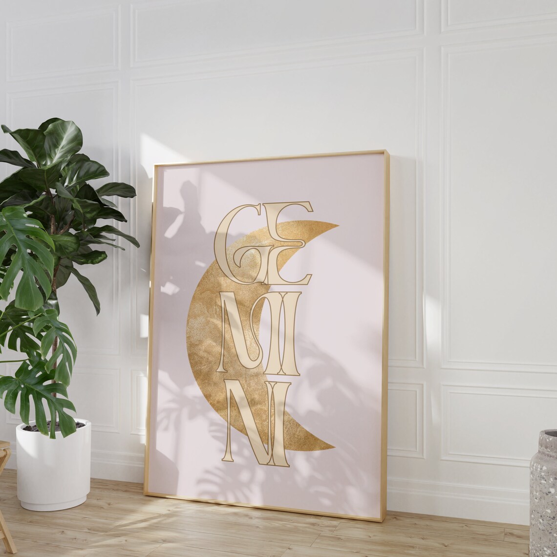 Gemini Gold Crescent Moon Art Nouveau Blush Pink Zodiac Typography Poster - Image 5