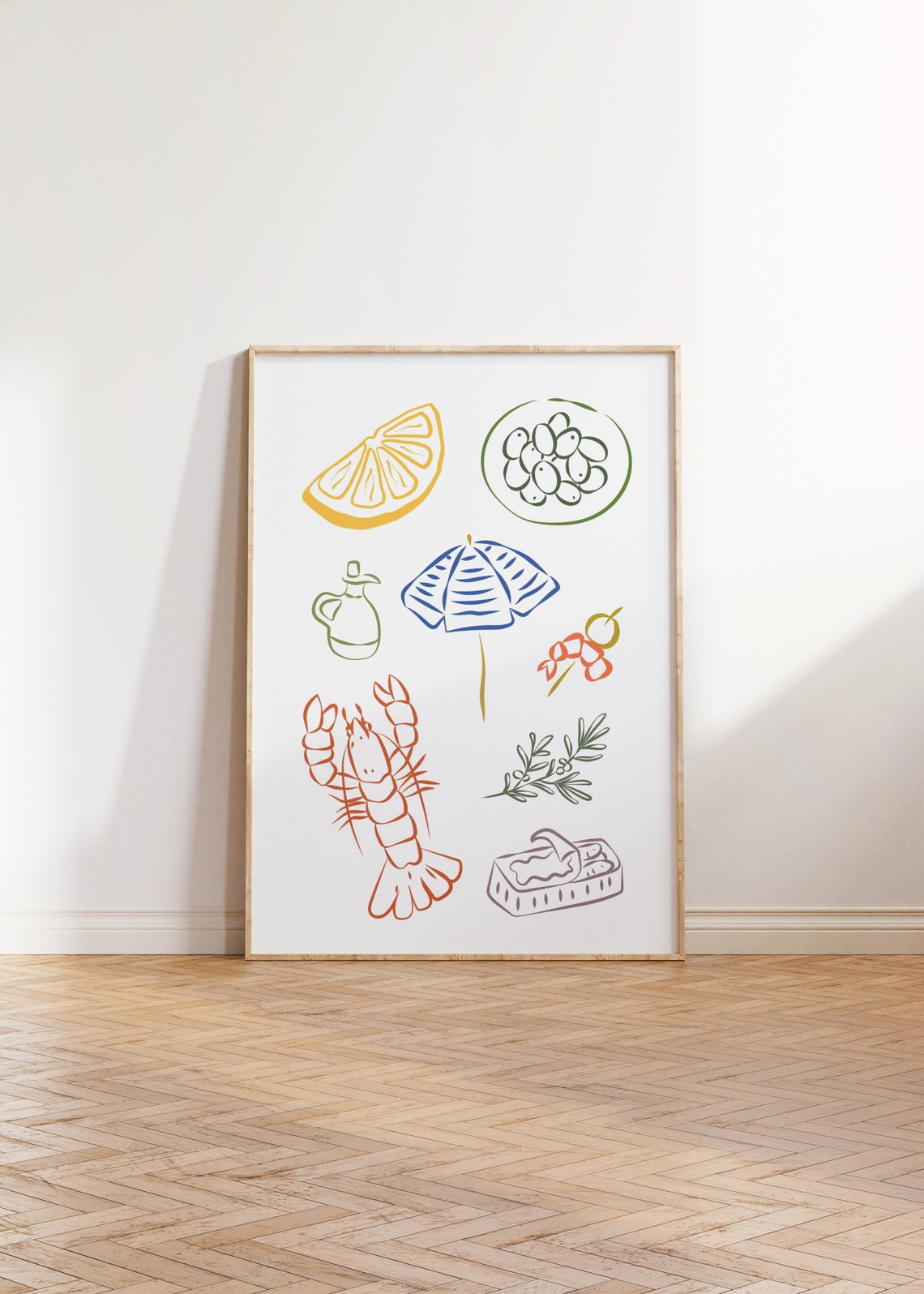 Mediterranean Food Fine Line Art Lemon Lobster Olive Kitchen Poster