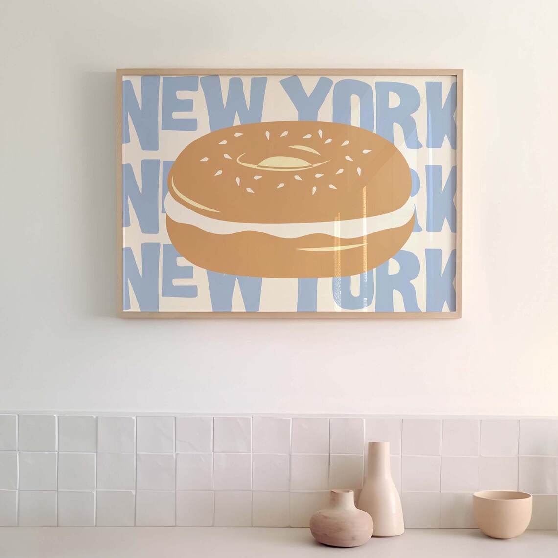 New York Sesame Bagel Breakfast Art Retro Blue Kitchen Food Poster