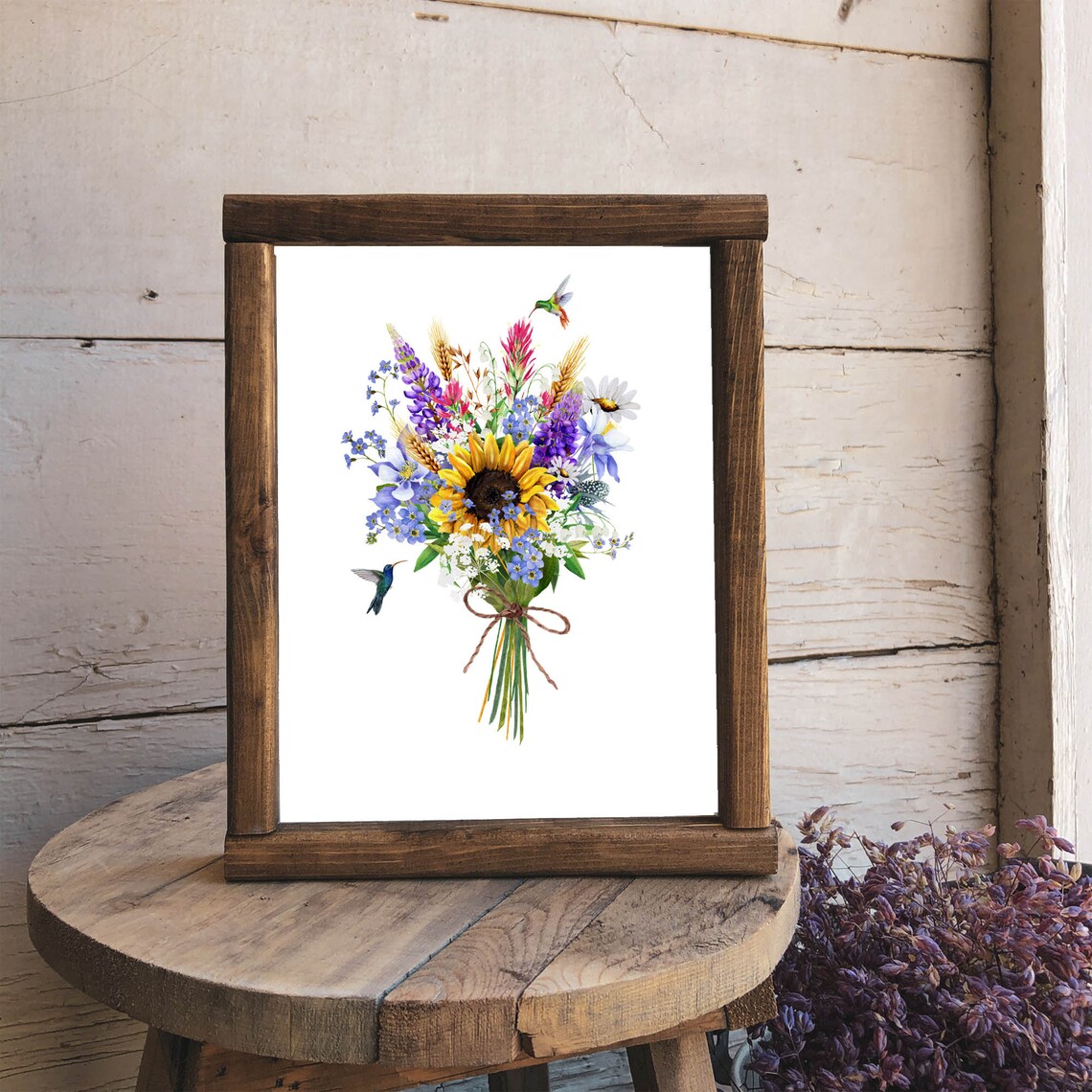 Wildflower Bouquet Sunflower Hummingbird Watercolor Floral Poster - Image 3