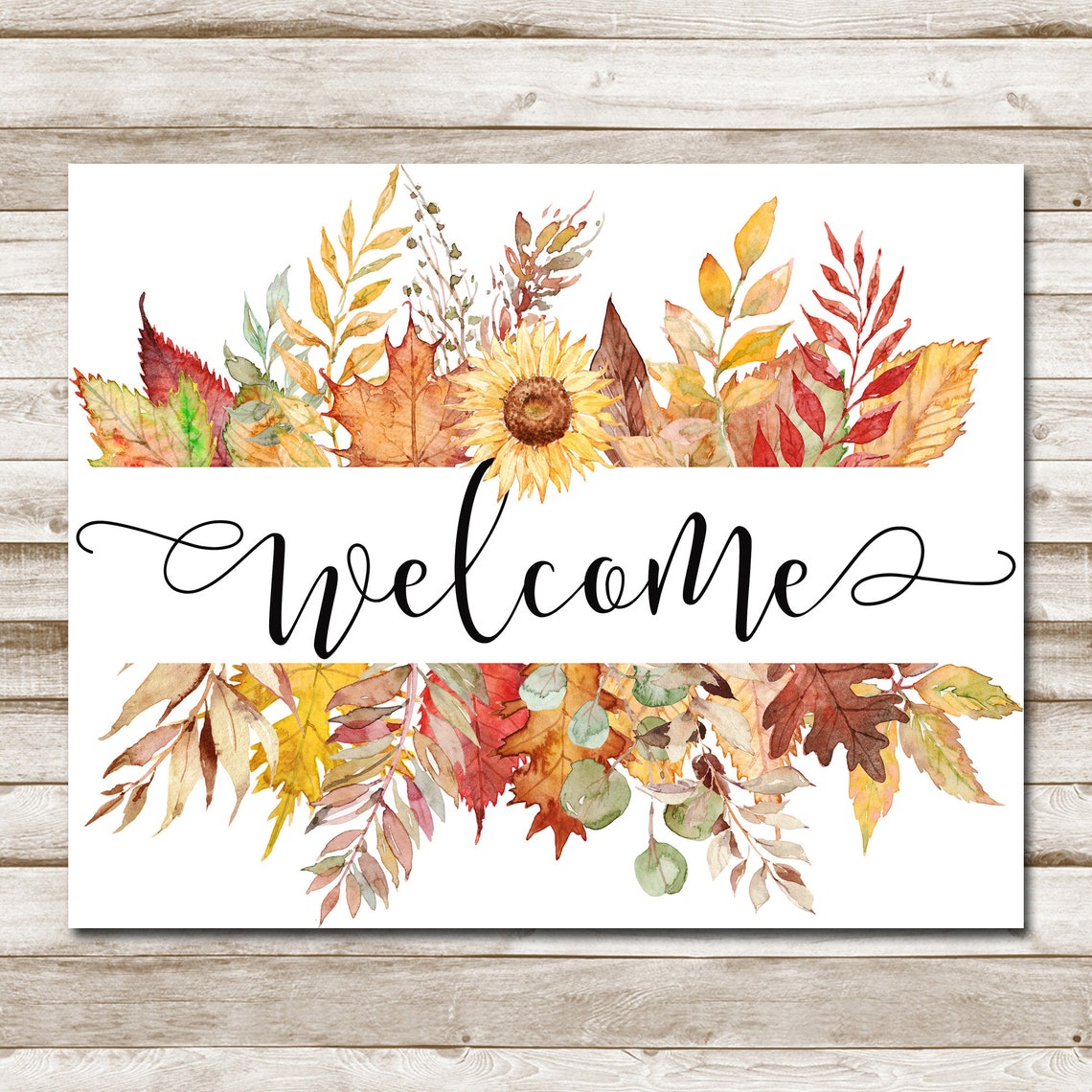 Welcome Fall Leaves Watercolor Sunflower Autumn Entryway Sign Poster - Image 4