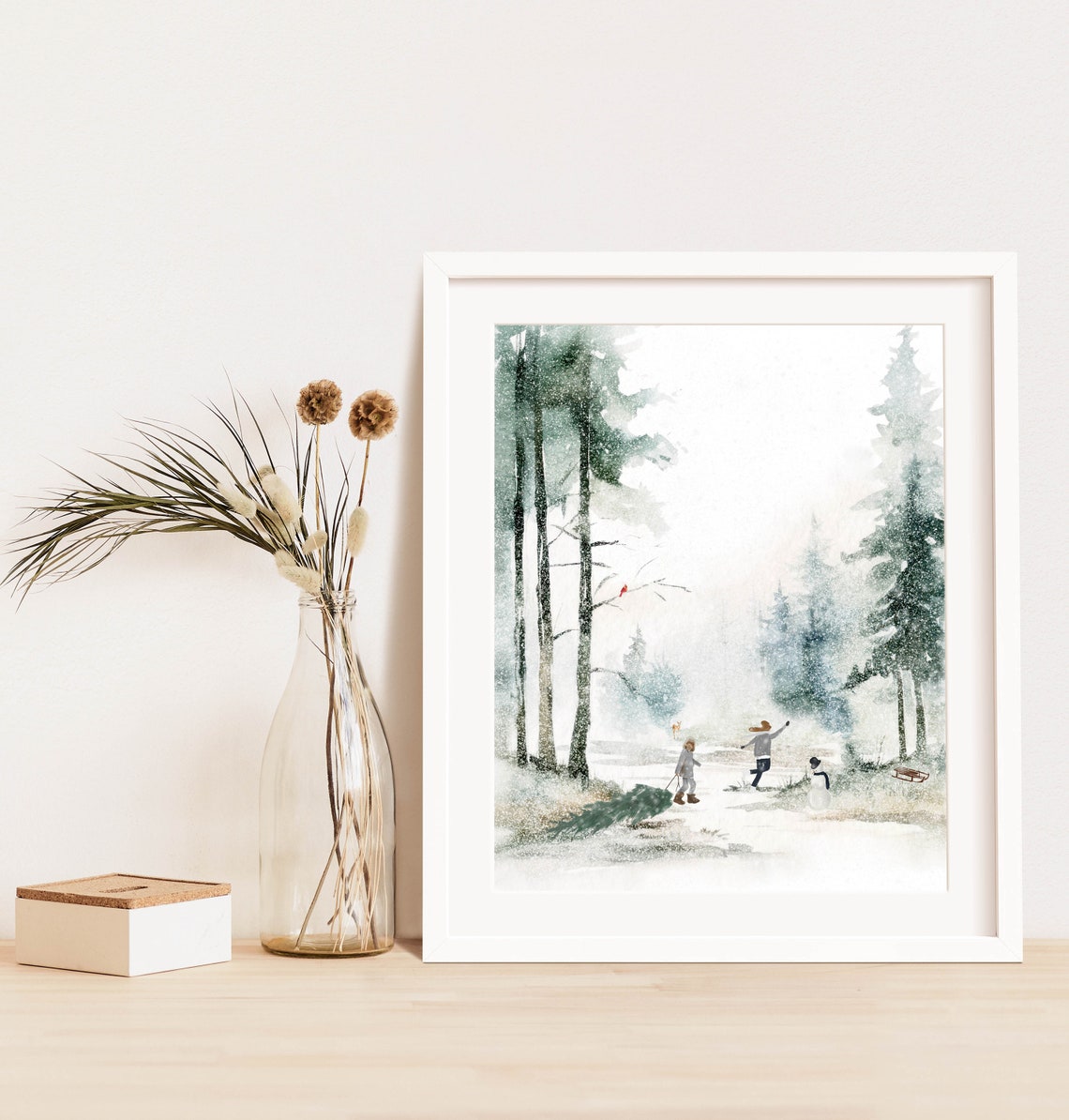 Bringing Home The Tree Snowy Forest Watercolor Christmas Poster - Image 3