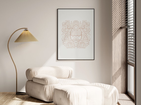 Mayan Glyph Mask Terracotta Line Art Minimalist Ethnic Poster