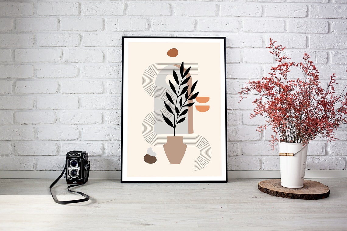 Potted Botanical Line Art Rainbows Terracotta Cream Modern Poster - Image 2
