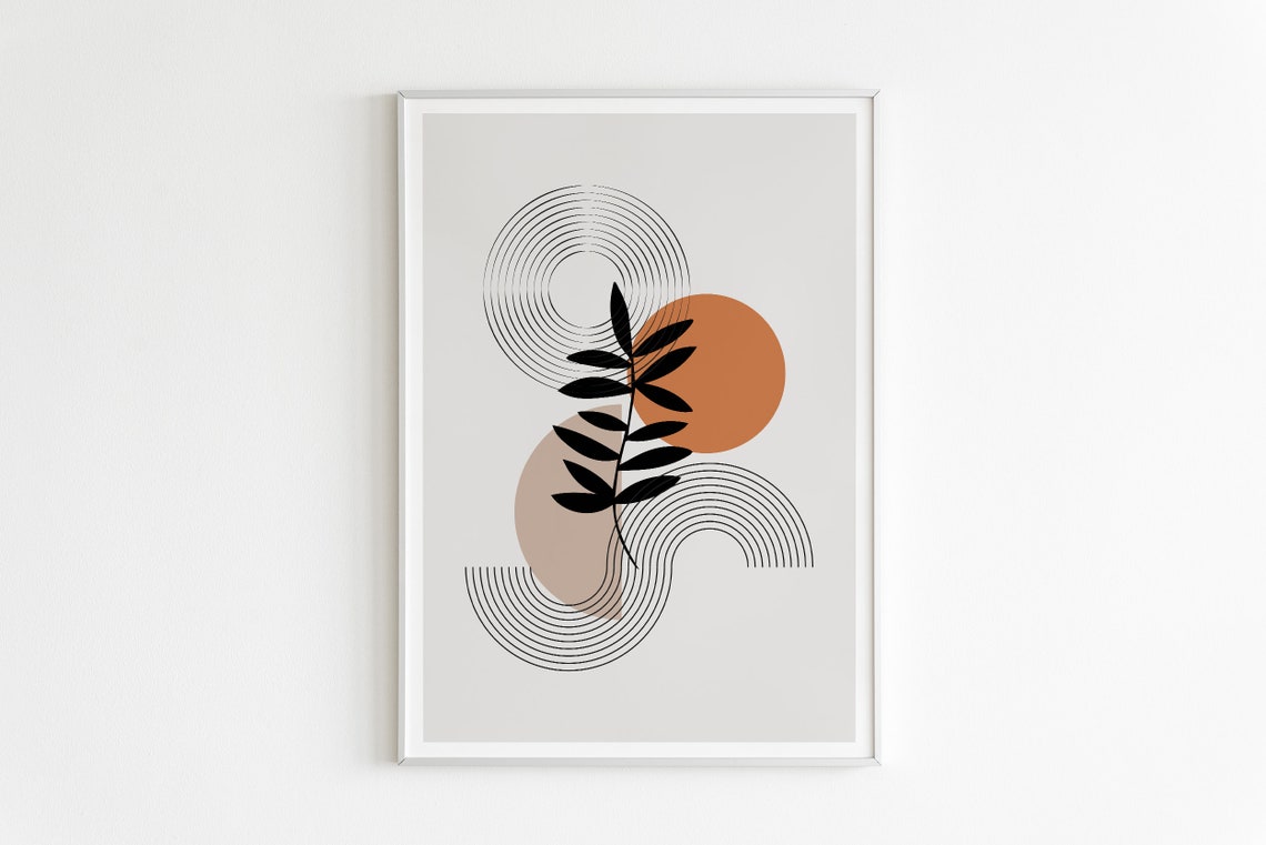 Botanical Line Art Black Leaves Terracotta Circle Neutral Poster
