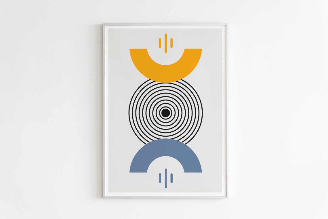 Mid Century Geometric Sunburst Circles Orange Blue Abstract Poster