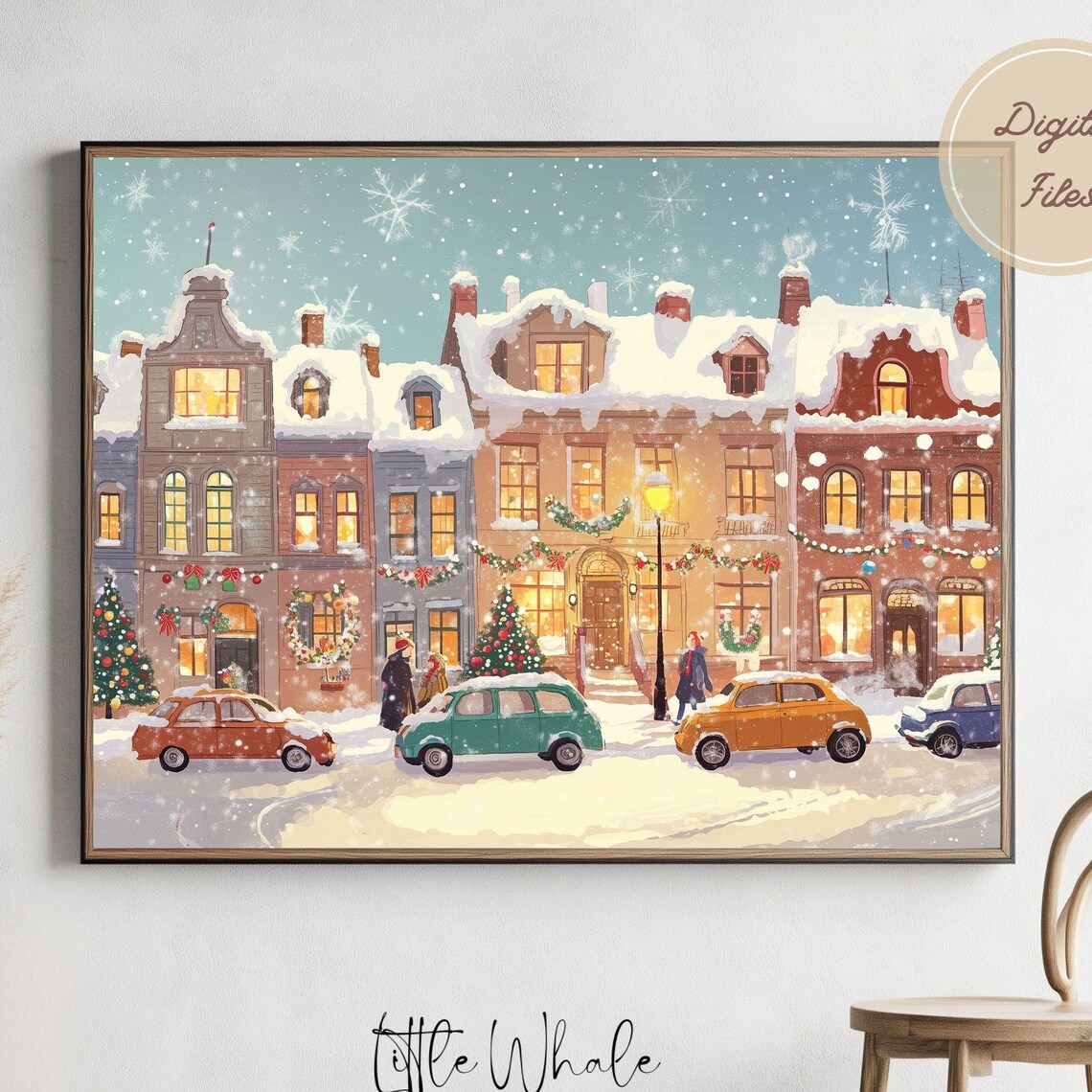 Snowy Town Square At Dusk With Vintage Cars Christmas Eve Poster