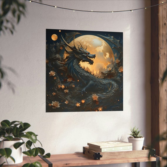 Moonlit Dragon Poster, Fantasy Wall Art Print