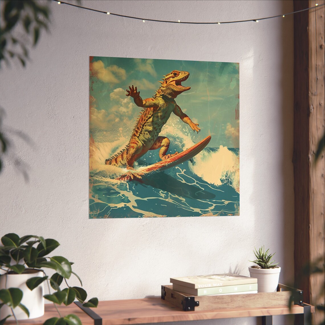Vintage Bearded Dragon Surfing A Wave Poster