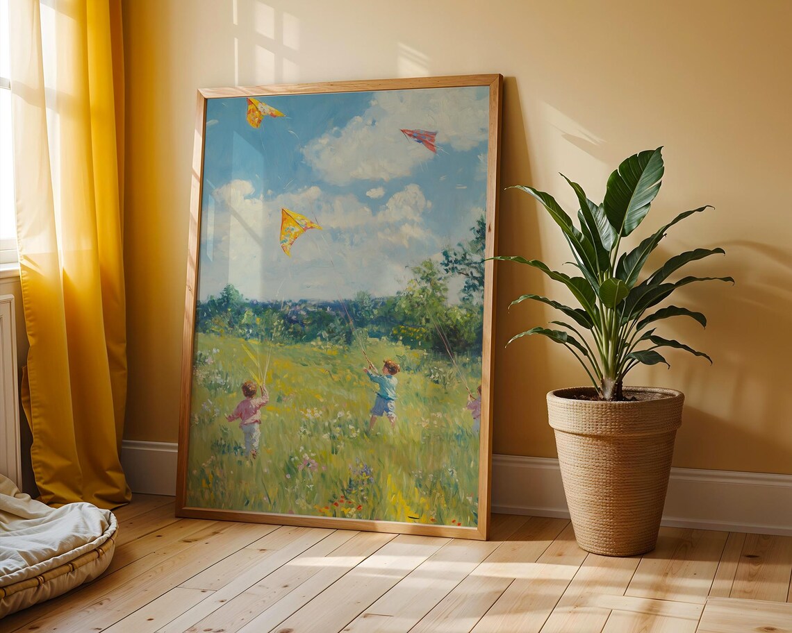 Children Flying Kites In Spring Meadow Whimsical Pastoral Scene Poster
