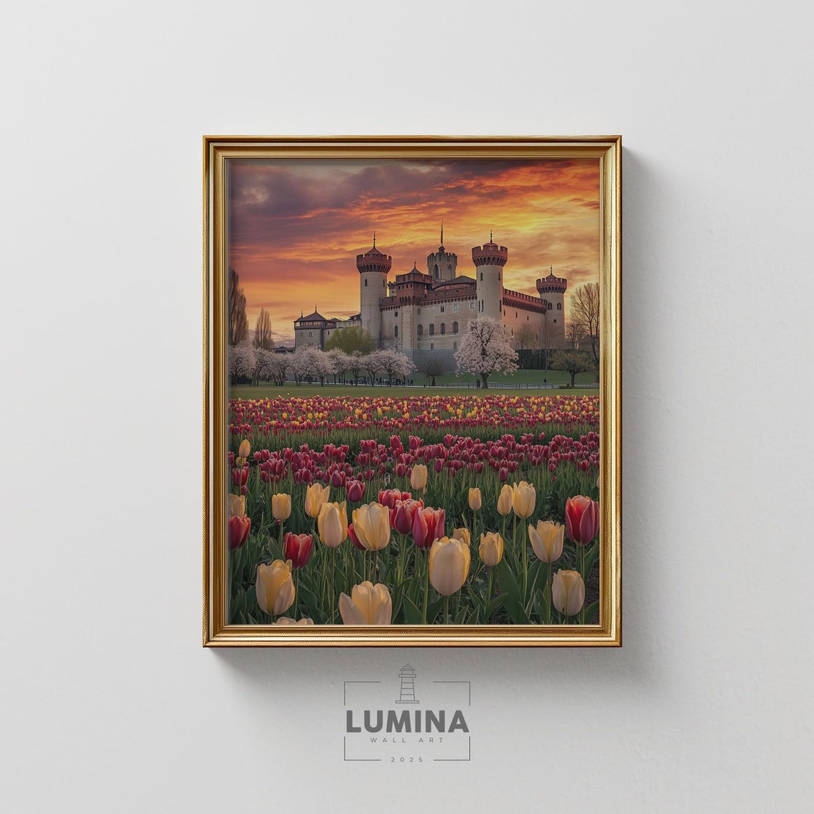 Medieval Castle with Tulip Fields at Sunset Orange Sky Art Poster