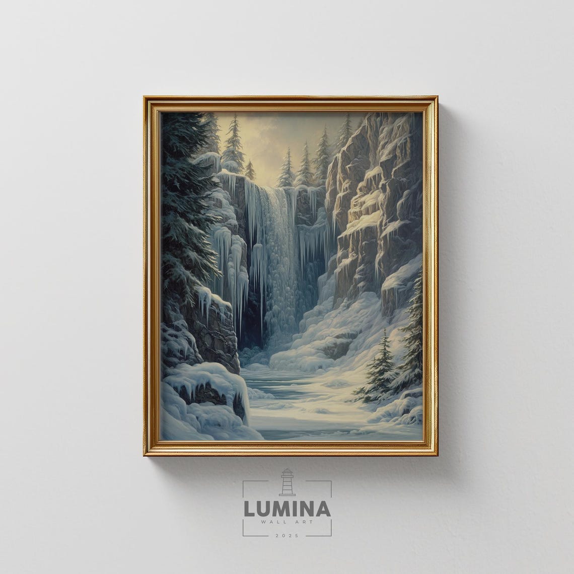 Frozen Waterfall Winter Forest Icy Landscape Painting Poster