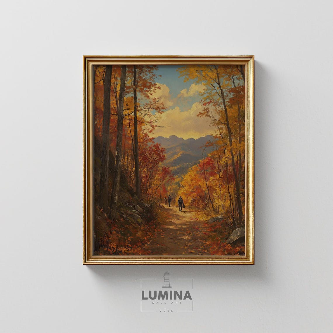 Hikers on Autumn Forest Trail Red Gold Foliage Mountain View Poster