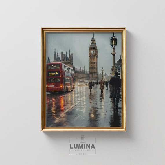 Rainy Evening In London Big Ben Doubledecker Bus Moody Cityscape Vintage Street Scene Wall Art 257