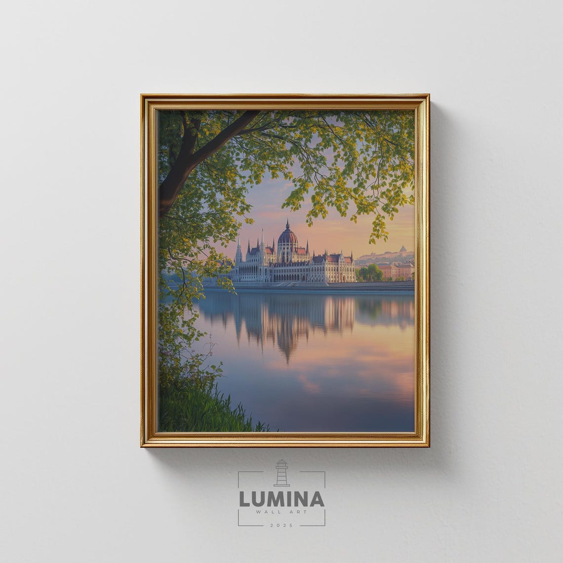 Budapest Hungary Parliament Sunset River Reflection Art Poster