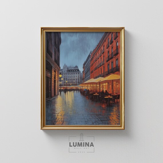 Spring Rainfall In Madrids Plaza Mayor Historic European Warm Caf Glow Moody Cityscape Art Painting 281