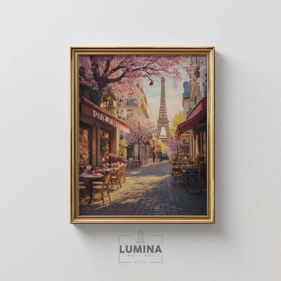 Paris Cafe Eiffel Tower Cherry Blossoms Romantic Street Poster