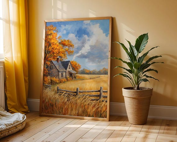 Charming Autumn Farmhouse Rustic Country Home In Fall Golden Wheat Fields Vintage Countryside Landscape Wall Art 21