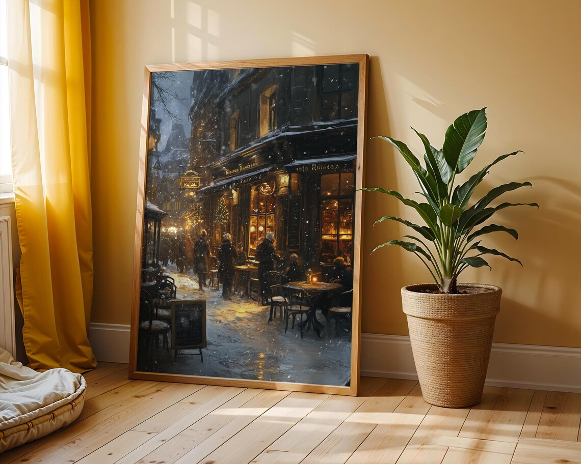 Cozy Cafe On Snowy Night Vintage Winter Street Painting Poster