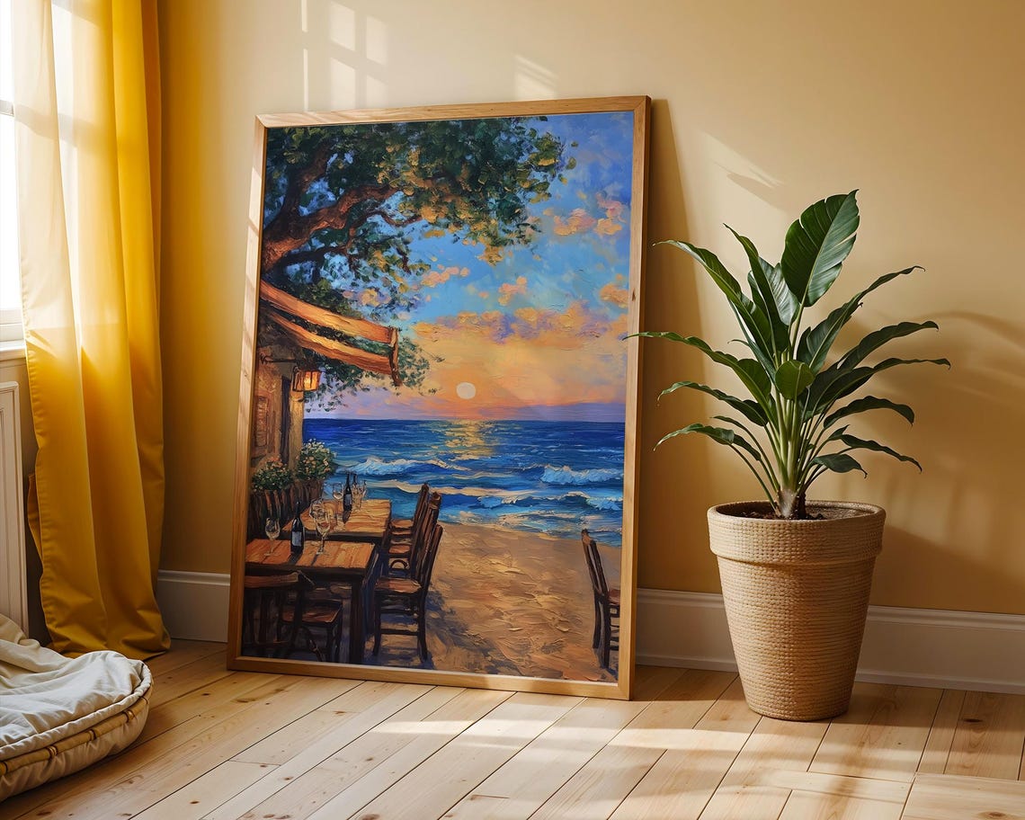 Beachside Cafe At Sunset Ocean Tables On Sand Seaside Poster