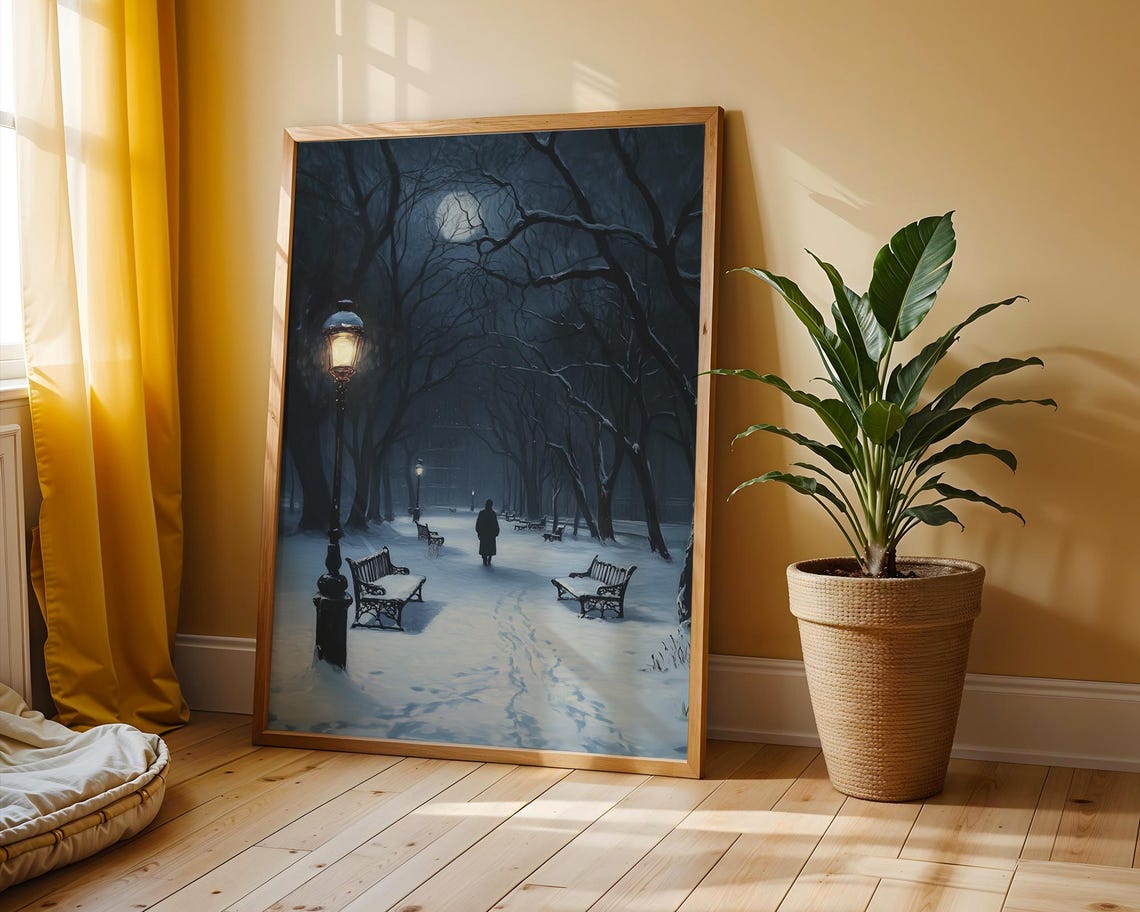 Midnight Stroll Snowy Moonlit Park Vintage Winter Night Poster