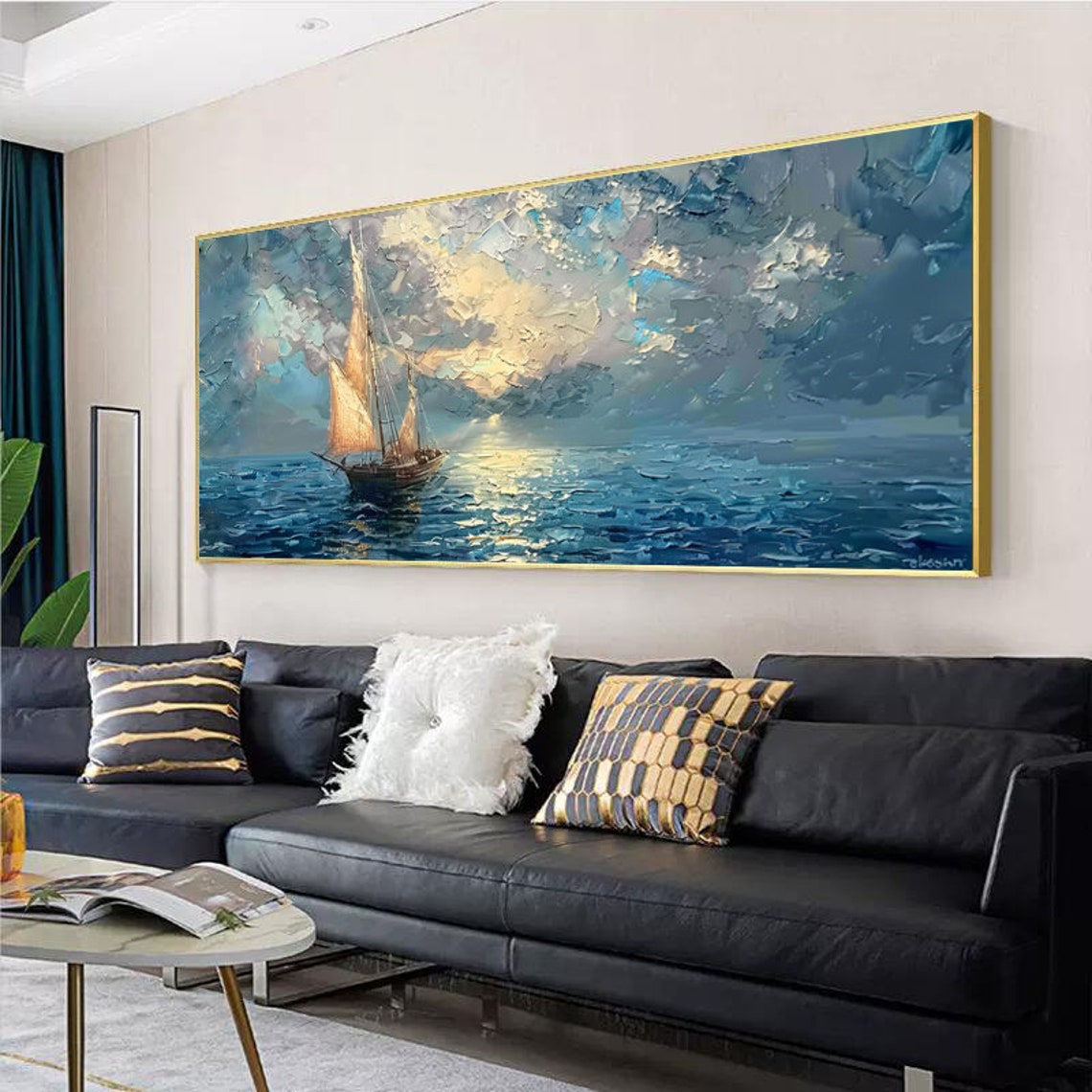 Sailboat With Golden Sails Crossing Sunrise Sea Panoramic Art Poster - Image 5