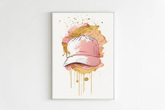 Pink Watercolor Baseball Cap Gold Splatter Preppy Sport Poster