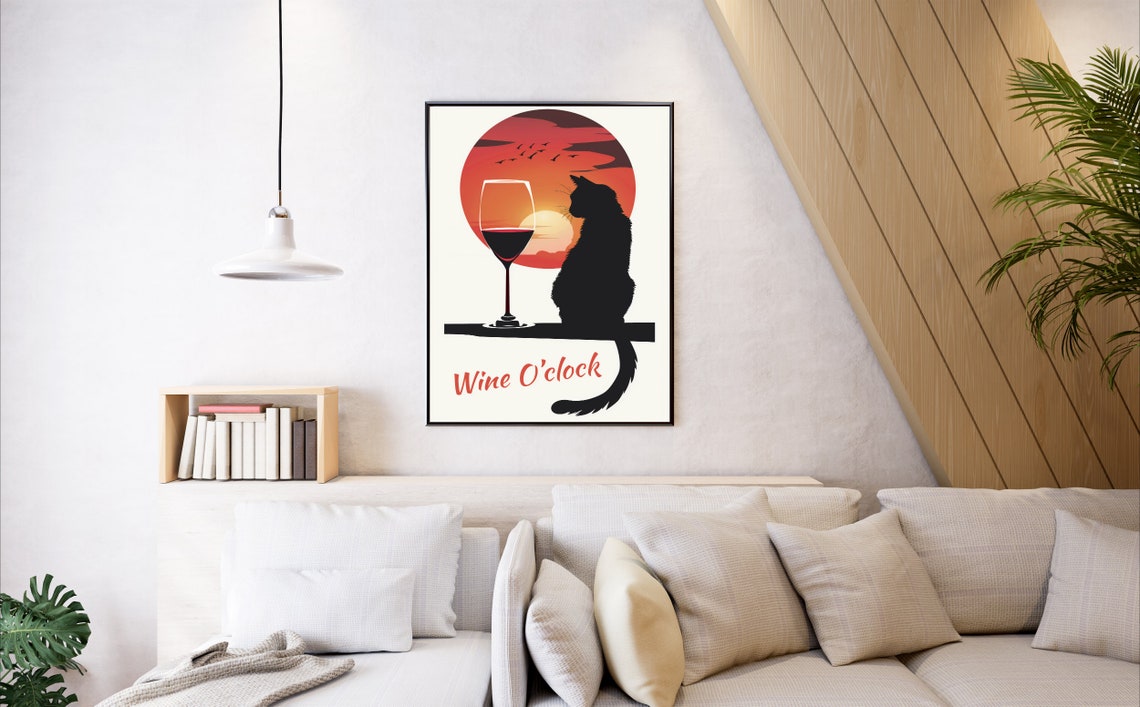 Wine O'clock Black Cat Wine Glass Silhouette Sunset Funny Poster - Image 4