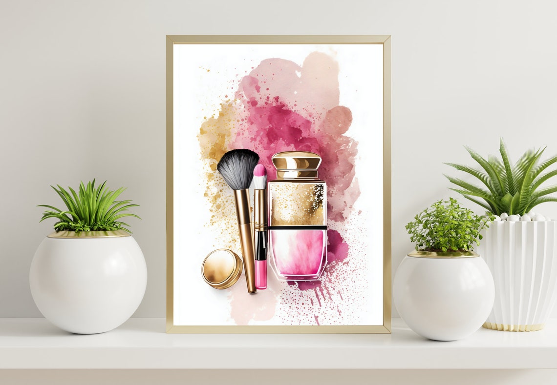 Gold Perfume Bottle Makeup Brushes Pink Watercolor Glam Poster - Image 2