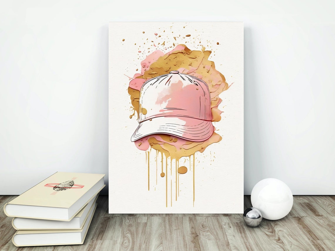 Pink Watercolor Baseball Cap Gold Splatter Preppy Sport Poster - Image 4