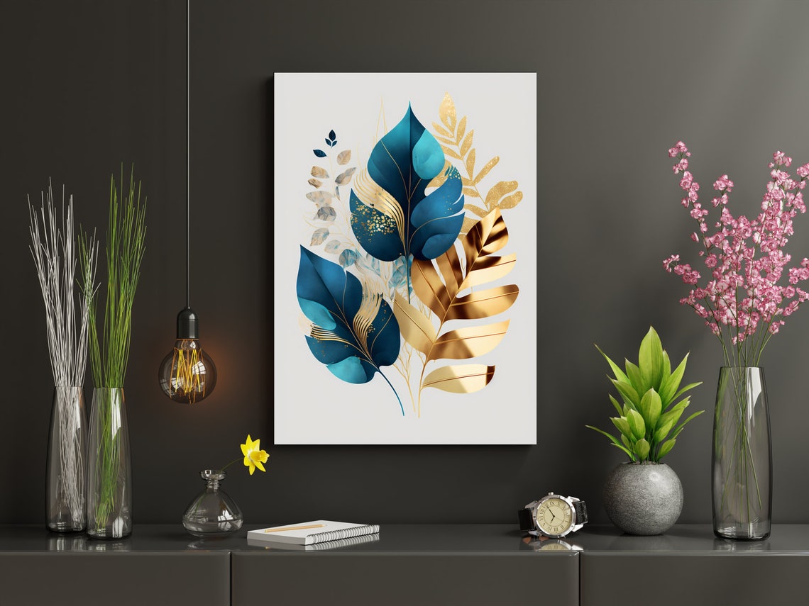 Teal Monstera Gold Palm Leaves Layered Botanical Chic Poster - Image 2