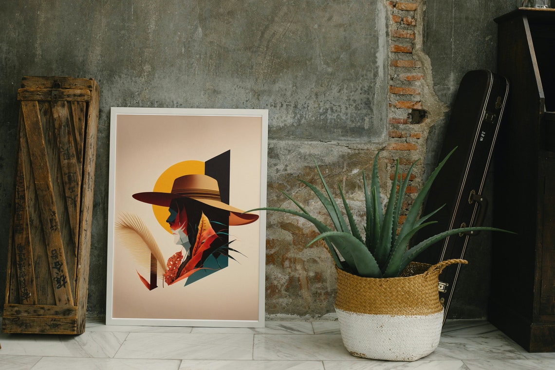 Boho Abstract Woman Portrait in Wide Brim Hat With Sun Poster - Image 3