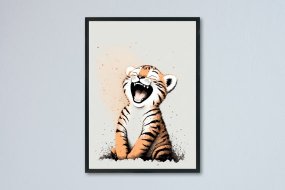 Laughing Tiger Cub Watercolor Splash Joyful Wild Animal Poster
