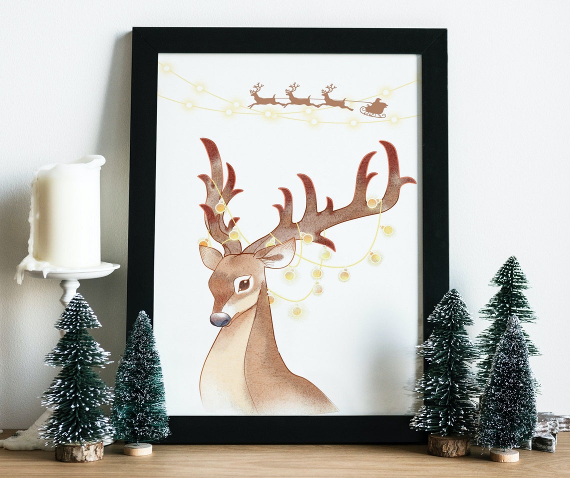 Watercolor Reindeer With String Lights and Santa Sleigh Poster - Image 3