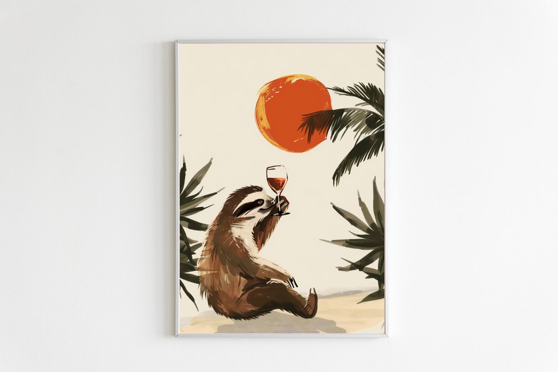 Funny Sloth Drinking Wine Sunset Palm Tropical Animal Humor Poster