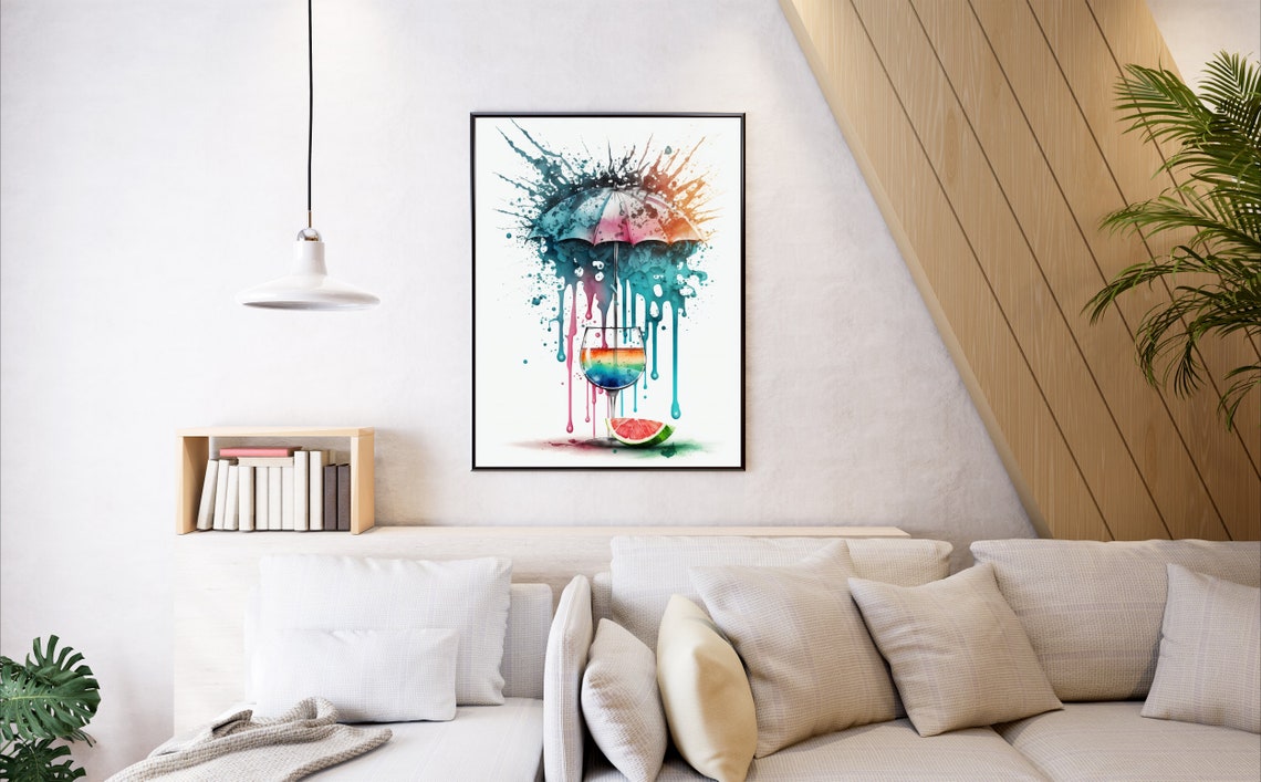 Rainbow Umbrella Cocktail Glass Watercolor Splash Bar Art Poster - Image 3