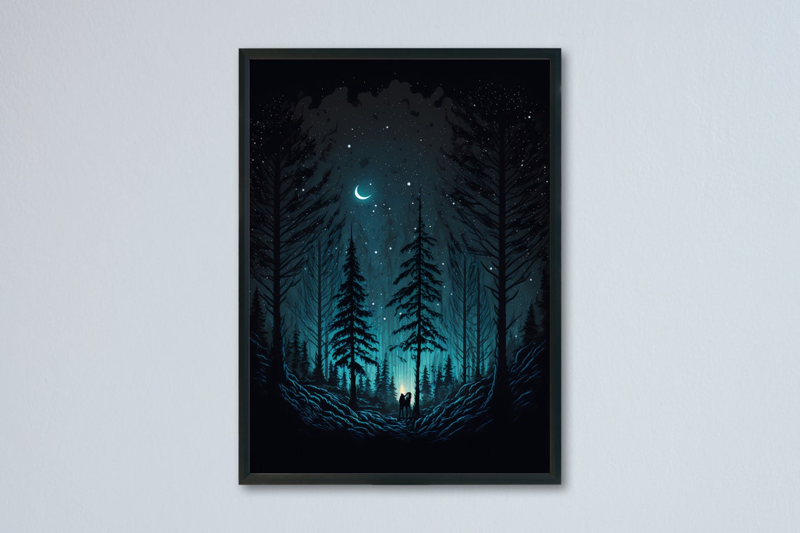 Moonlit Foggy Forest Path With Lantern Walker Night Sky Poster