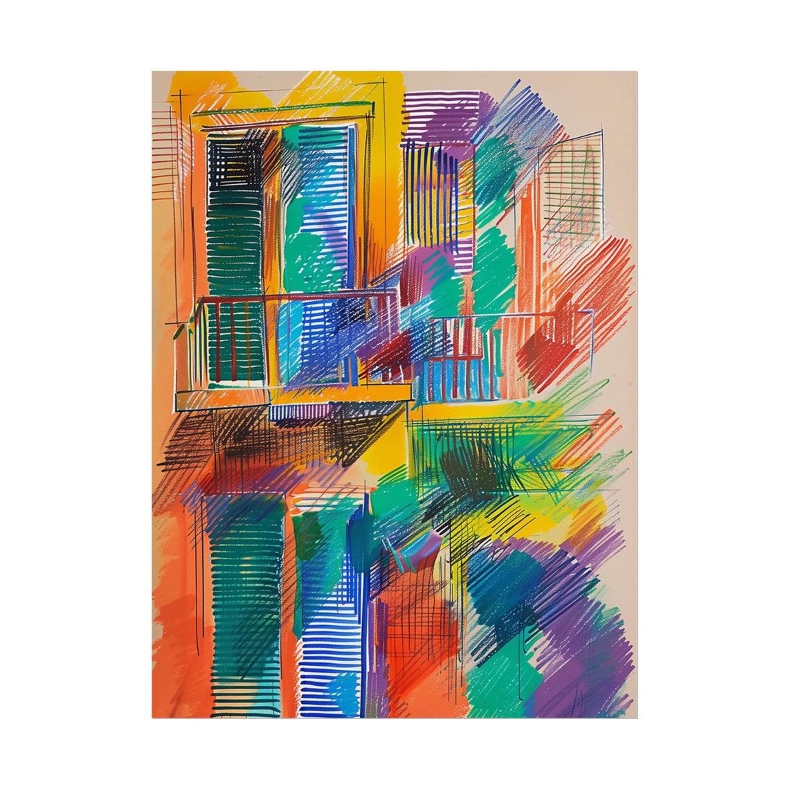 Expressive Colorful City Facade Sketch Urban Abstract Wall Art - Image 6