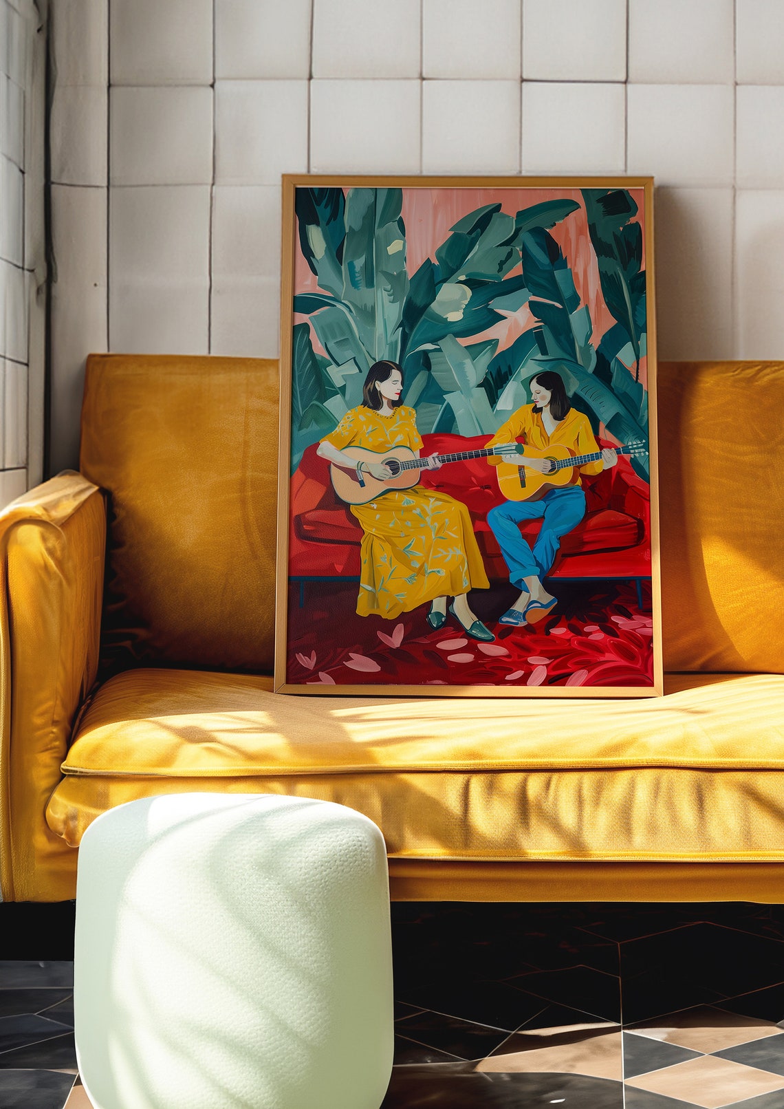 Two Women Playing Guitars Red Sofa Botanical Music Art Print - Image 4