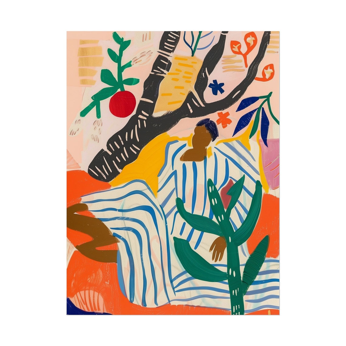 Figure Reclining Under Fruit Tree Striped Blanket Abstract Poster - Image 6