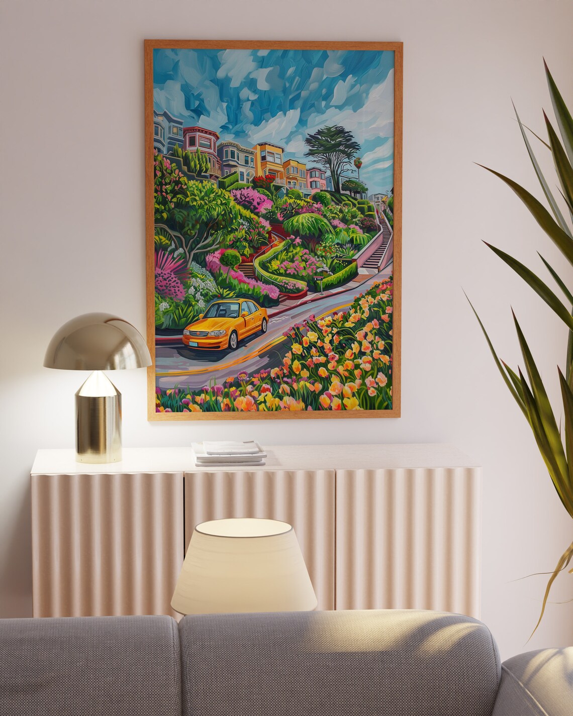 Colorful Winding Hillside City Street with a Yellow Taxi Poster - Image 3