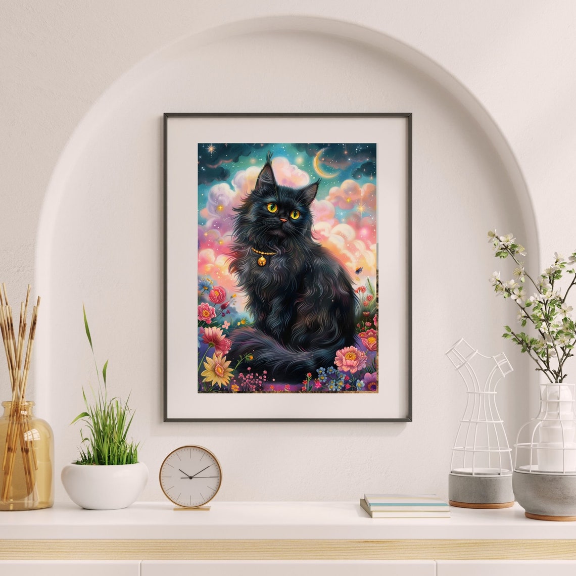 Dreamy Black Cat Fantasy Poster With Flowers Under Cosmic Night Sky - Image 6