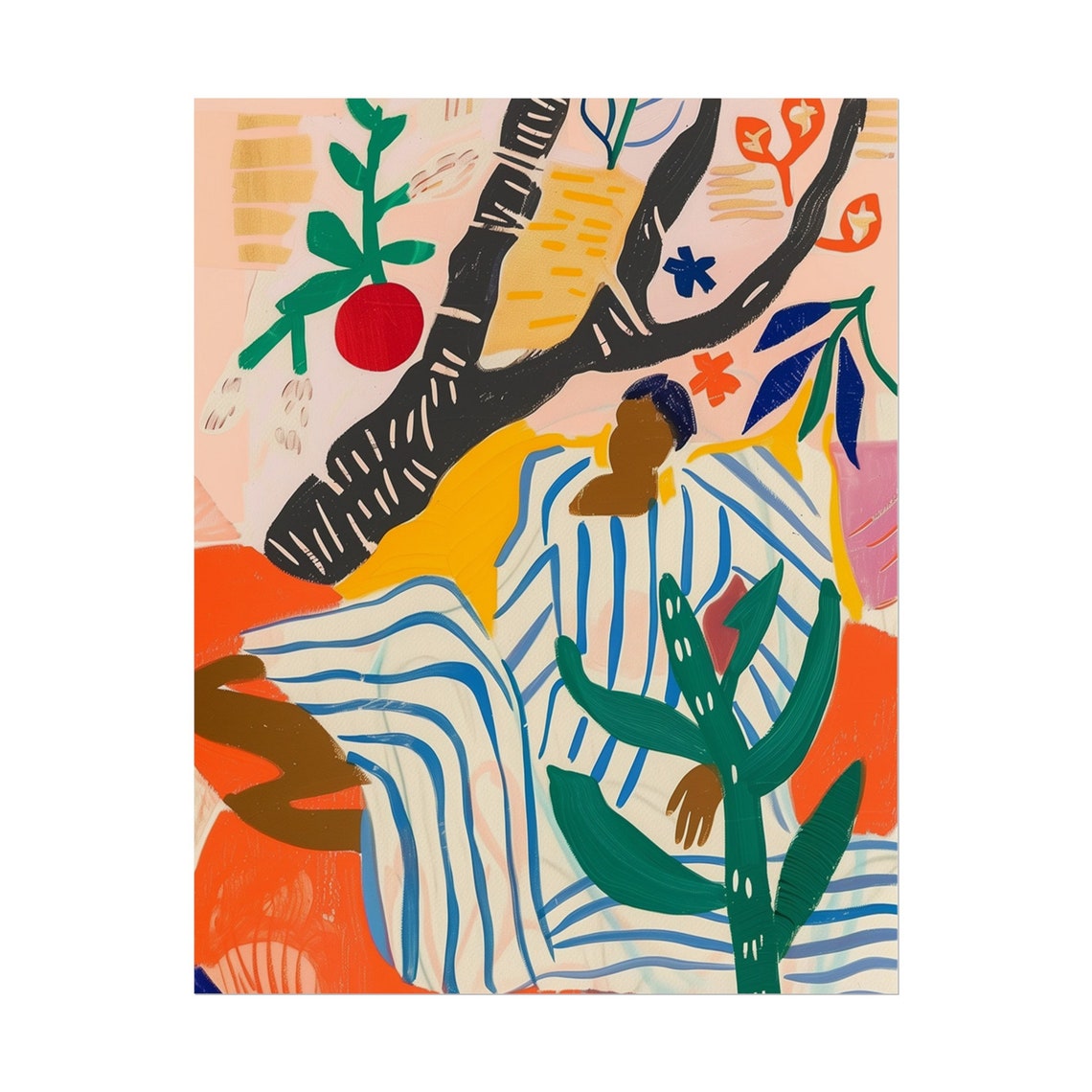 Figure Reclining Under Fruit Tree Striped Blanket Abstract Poster - Image 2