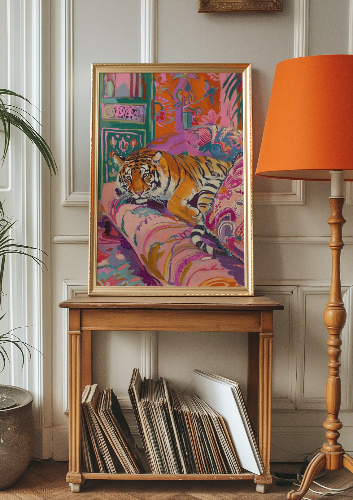 Relaxed Tiger Lounging on a Pink Patterned Armchair Art Poster - Image 4